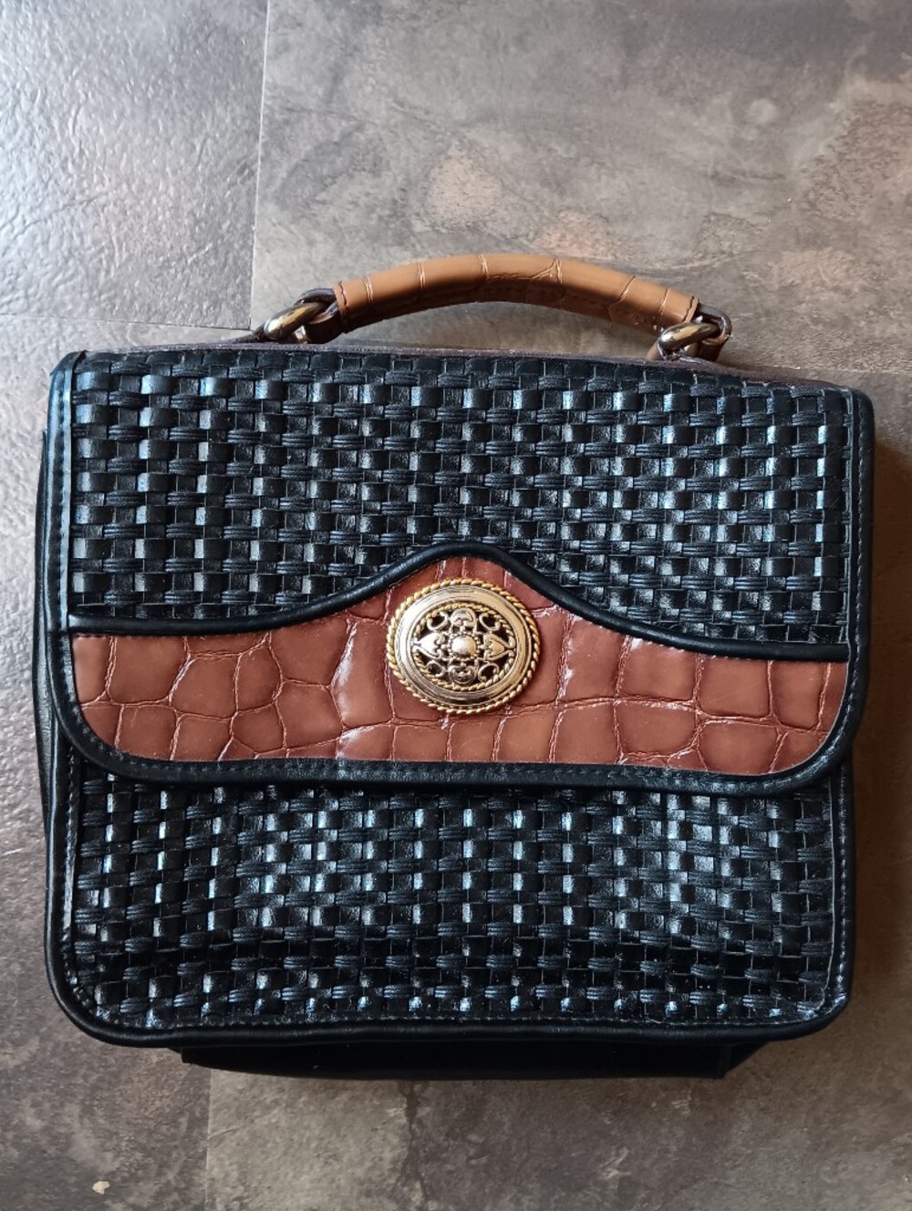 Vintage Marlo Basket Weave Satchel Handbag, Black Brown Faux Croc Medallion Flap